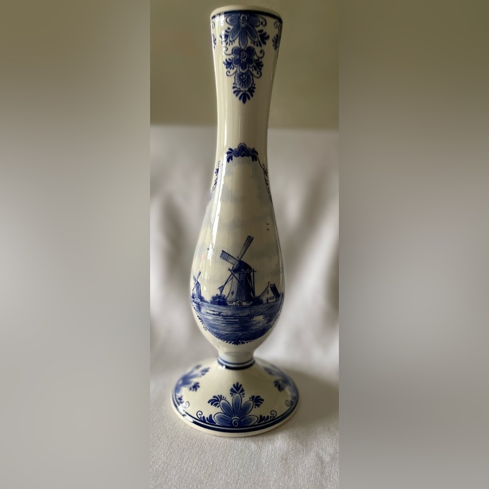 Delft Huys Blue & White Windmill Vase Authentic Hand Painted Beautiful Vintage